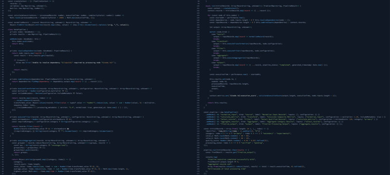 Programming code on dark screen with colorful syntax highlighting. Software development source code for data processing application. Coding technology and computer programming background.
