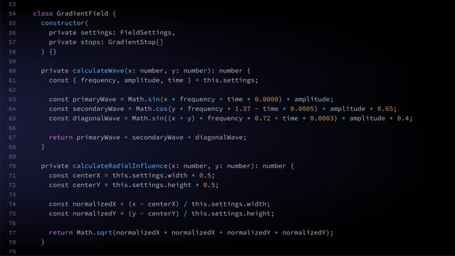 Program code on dark screen with colorful syntax highlighting. Programming language source code with classes and functions for software development, coding and web technology concept