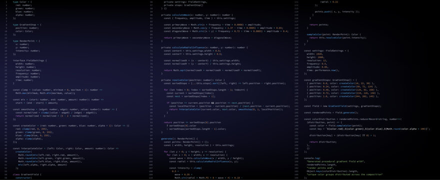 Program code on dark screen with colorful syntax highlighting. Software development source code in text editor. Programming, coding and technology concept for web design and developer work.