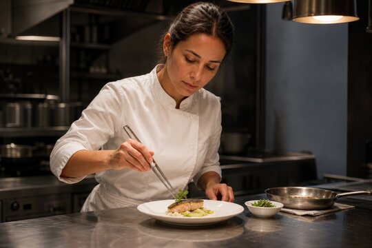 Food Allergy Restaurant Kitchen Training with fine-dining chef finishing one plate at an isolated station