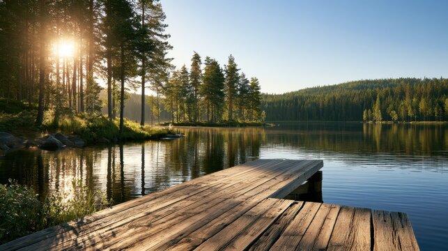 Tranquil lakeside pier in a summer forest, reflective water, fir trees and clear blue sky