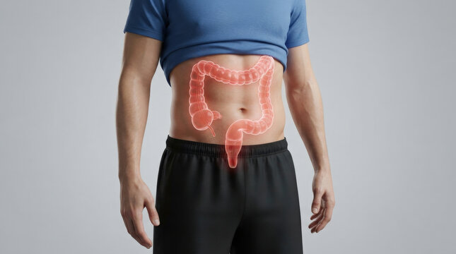 Male figure standing in neutral pose highlighting red illuminated colon area for digestive system awareness and medical diagrams.