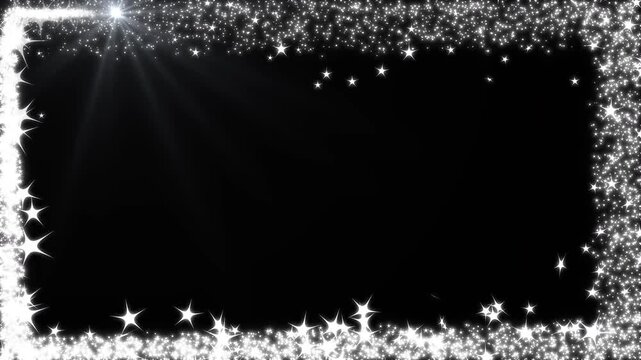 Abstract white glitter sparkle frame overlay on beautiful magical fairy dust particle movement, doodle stars motion, black screen background, border frame alpha channel animation, 4k seamless loop