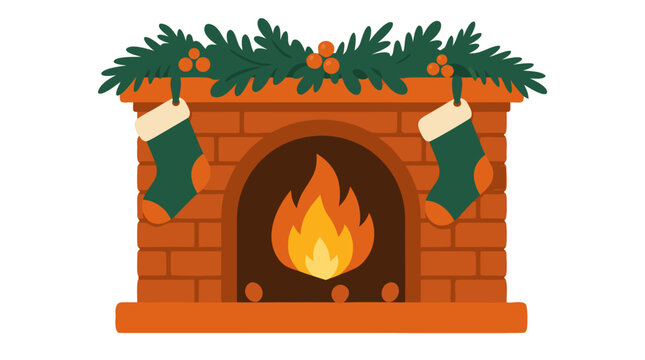 Cozy Christmas Fireplace Scene with Glowing Fire and Two Hanging Stockings Flat Vector Illustration Warm Orange Brick Hearth with Deep Green Garland and Berries Holiday Decoration