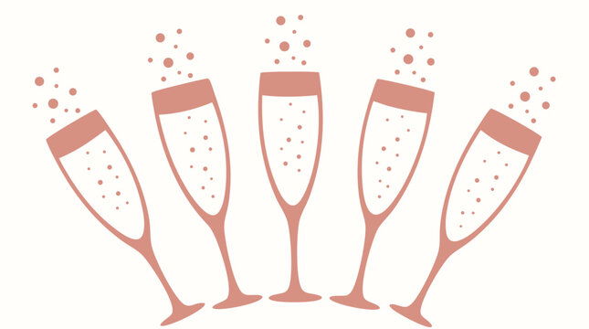 Five elegant champagne glasses arranged in a fan shape with sparkling bubbles floating above, bold rose gold flat colors vector illustration perfect for celebration party wedding and New Year design