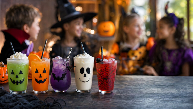 Colorful Halloween drinks in decorated glasses on table with blurred kids in costumes at party