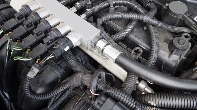 The metan engine of a car is shown with a lot of wires and tubes. The engine is black and the wires are black and white