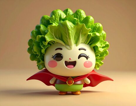 Cute 3D Lettuce Character in Adorable Chibi Style &ndash; Kawaii Vegetable Food Mascot