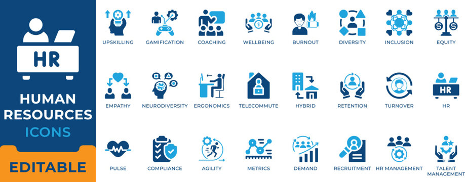 Human Resources HR Management Solid Icon Set - editable vectors for recruitment and talent retention.