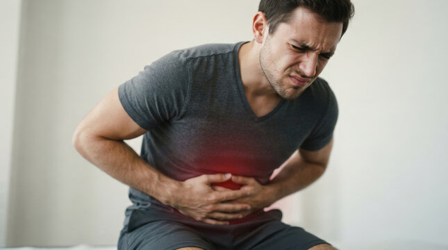 Young male patient suffering from acute abdominal pain holding stomach with glowing red area indicating internal organ discomfort.