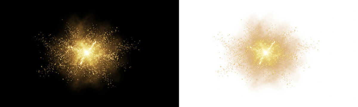 Gold dust explosion vector design element magic glowing particle burst bright light star with sparks, isolated on transparent background