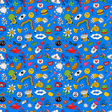 Cartoon sticker with comic food and pop art doodles