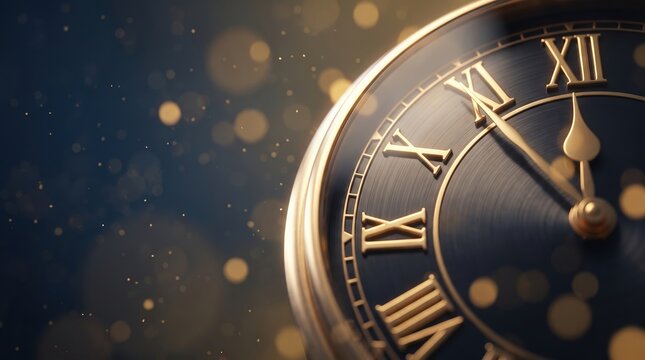 The image shows a close-up of an antique clock face featuring Roman numerals. The clock has golden accents and is set against a dark background with blurred light spots creating a glow