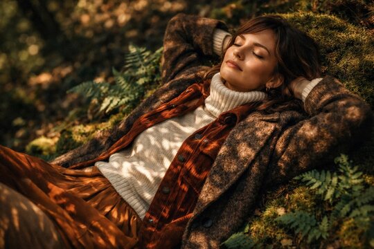 Relaxed woman resting on moss in forest, peaceful self care and mindfulness in nature during autumn.