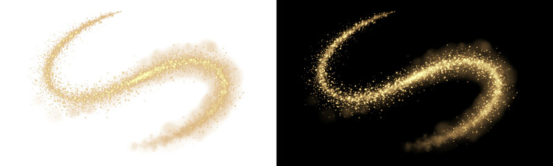 Golden magic dust trail wave, glittering star sparkle shine vector illustration isolated on transparent background © epu