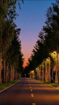 Sunset road lined with glowing street lamps and tall trees in an animated motion video clip