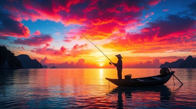 Fisherman silhouette in conical hat stands on small wooden boat at sunset. Man fishes with rod in calm sea during golden hour. Vibrant colorful sky with red clouds over ocean water. Concept of