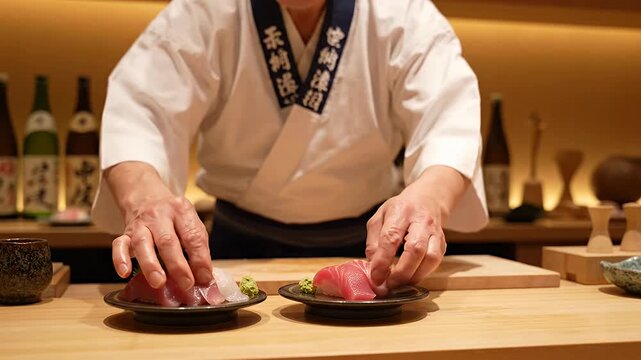 Professional sushi chef preparing fresh sashimi in restaurant.