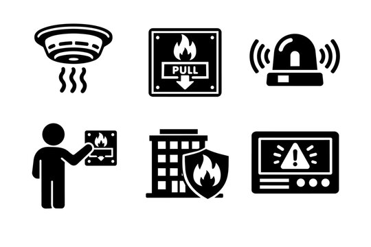 Fire alarm system and protection icons set, showing smoke detector, pull station, alarm siren, and emergency console for safety warning