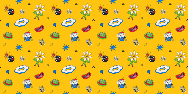 Pattern seamless vector with comic faces and doodles