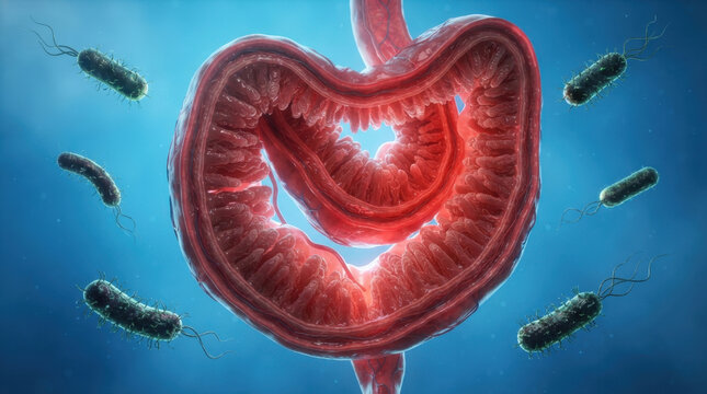 Cross section illustration of human intestine with surrounding bacteria visualizing microbial interaction in digestive system health.