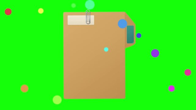 Brown paper folder with paperclip and colorful floating circles against a green screen background