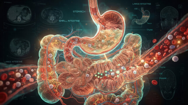 Digestive process concept showing chyme particles inside stomach and intestinal wall with blood vessels for medical physiology.