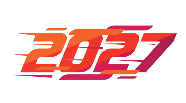 Dynamic speed 2027 typography in orange and magenta gradients with motion blur effect for sports racing events and fast futuristic technology projects.