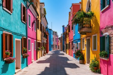 Fototapeta premium Quiet boulevard of rainbow-hued houses on a bright day