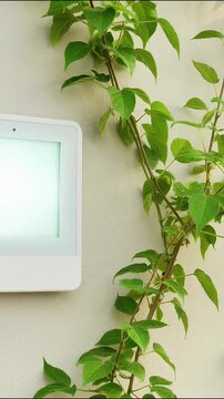 Smart white digital display screen mounted on concrete wall with climbing green plant motion video footage