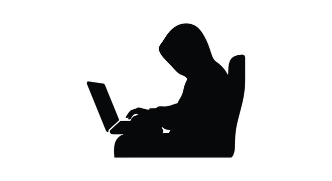Person using a laptop computer a black silhouette against a white background