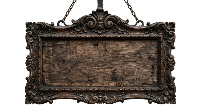 Vintage wooden sign with ornate carvings and chains hanging
