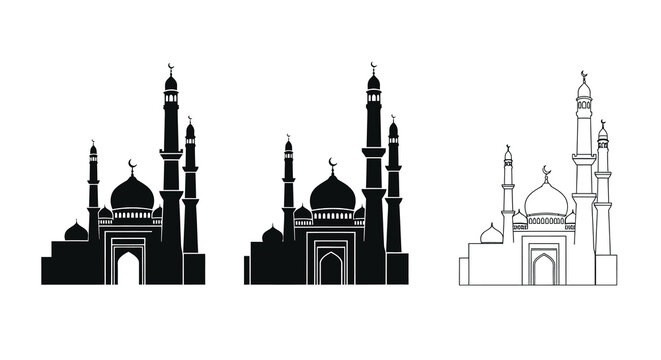 Mosque building silhouettes with crescent moons on a white background silhouette