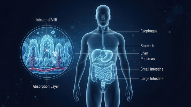 Human body digestive system overview with magnified intestinal villi absorption layer for advanced biomedical presentation.