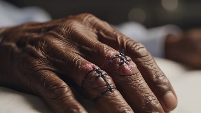 Injured older adult hand lies on fabric, blue stitches crossing knuckles and fingertips as swelling fades. Closeup medical style emphasizes worn skin, quiet pain, and careful recovery after treatment.