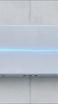 White modern soundbar featuring glowing blue neon light bar motion video effect for cinematic home audio