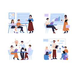 Fototapeta premium Business team presenting data and studying in office set