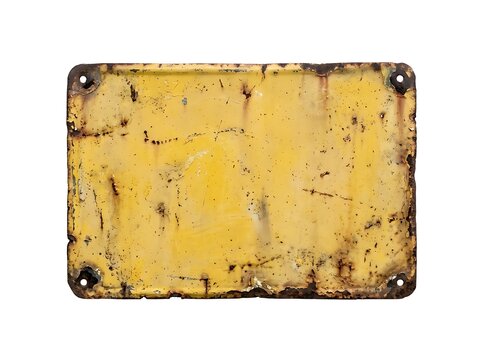 Vintage yellow metal plate with rusty edges and scratches