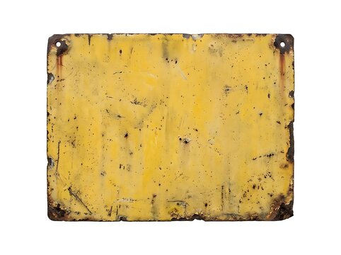 Vintage yellow metal plate with rusty edges and scratches