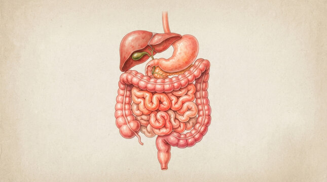 Human digestive system anatomy illustration with colorful liver and large intestine organs used for medical education study guides.