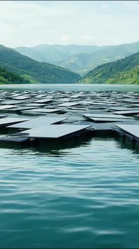 Floating solar panel array on calm lake water creating sustainable energy video footage for environmental projects