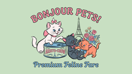 Vintage Cartoon Illustration of Three Cute Playful Kittens in Paris Featuring Eiffel Tower and Pink Roses for Bonjour Pets Premium Feline Fare Brand with Pastel Green Background. © Muhammad