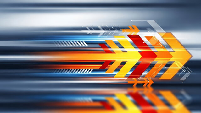 Abstract moving geometric arrows with tech lines and neon glowing lights