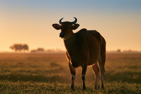 Solitary male banteng standing in sunlit grassland at golden hour, calm wildlife portrait