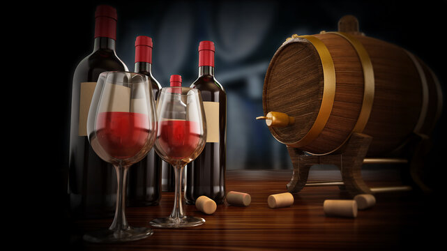 Wine bottle, corks, glass and barrel 3D illustration