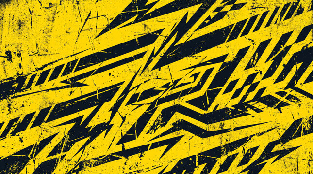 Abstract yellow and black grunge geometric pattern with sharp zigzag shapes and scratched texture