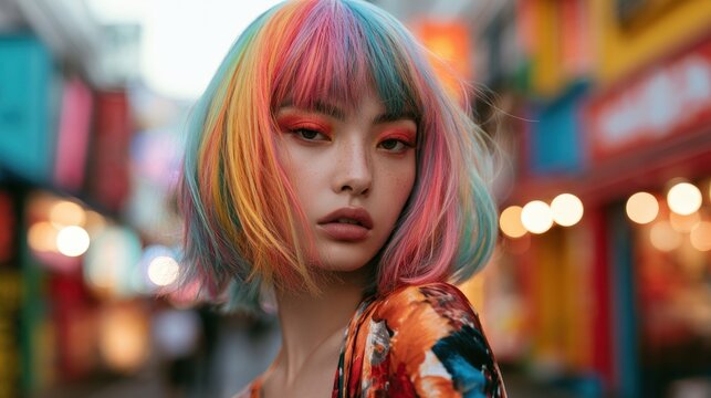 Portrait of a confident woman in a vibrant rainbow wig wearing a bold fashion ensemble in an urban setting