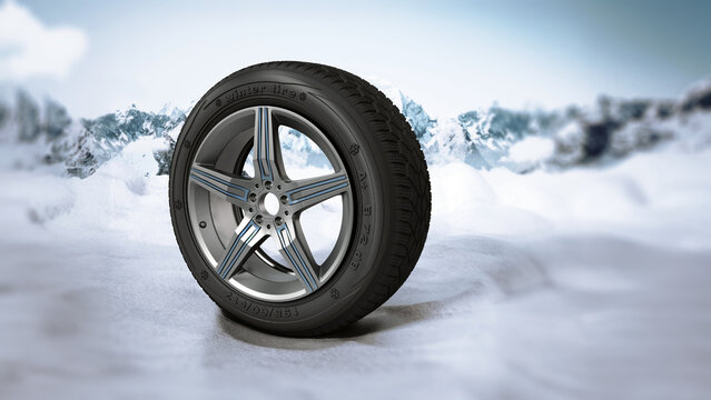 Winter tyre standing on snow. 3D illustration