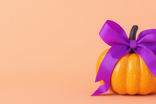 Bright orange pumpkin decorated with purple satin ribbon bow on pastel orange background.