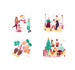 Fototapeta premium Christmas holiday set with family celebrating and gifting